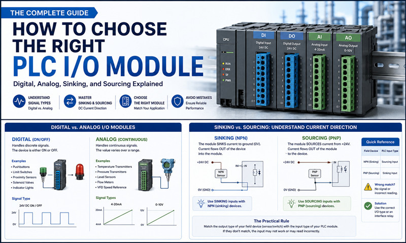 Come scegliere il modulo I/O PLC giusto: spiegazione di digitali, analogici, sinking e sourcing.
