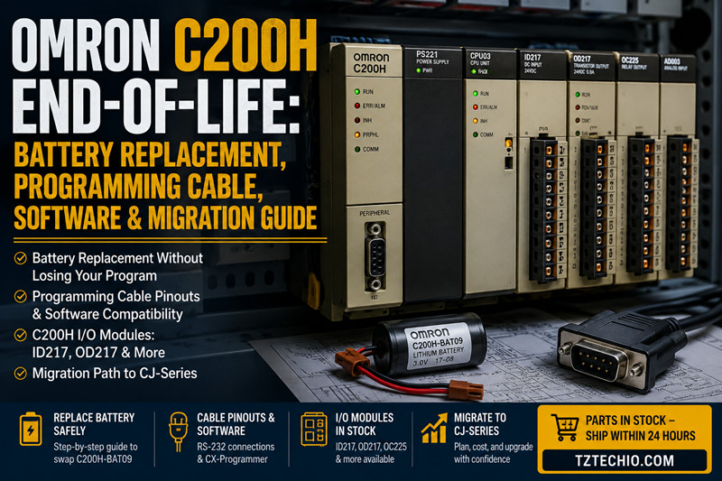 Omron C200H: fine del ciclo di vita, sostituzione della batteria, cavo di programmazione, software e guida alla migrazione