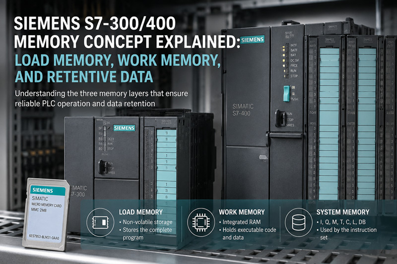 Concetti di memoria del Siemens S7-300/400 spiegati: memoria di carico, memoria di lavoro e dati conservati.